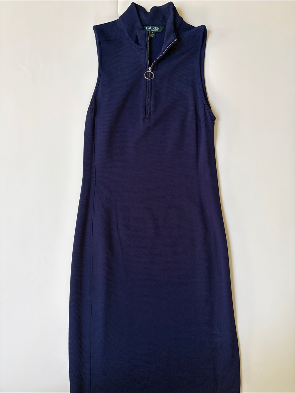Lauren Ralph Lauren Navy Sleeveless Zip-Pull Mock Neck Midi Dress